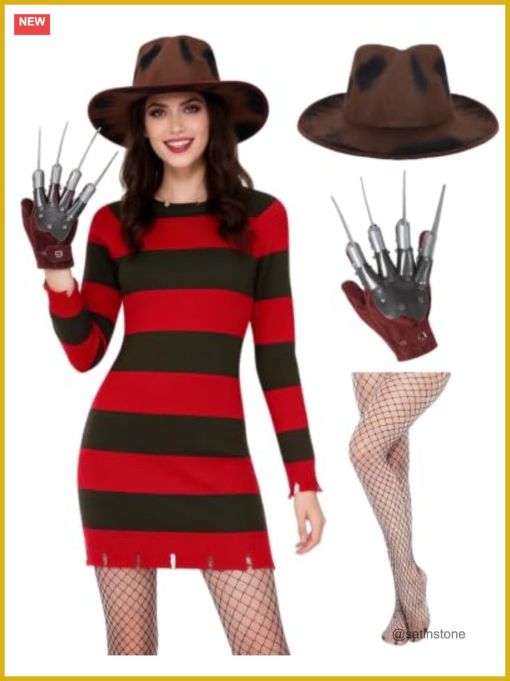 Women's Horror Killer Costume Set 4pc Sweater Dress Hat Gloves Stockings